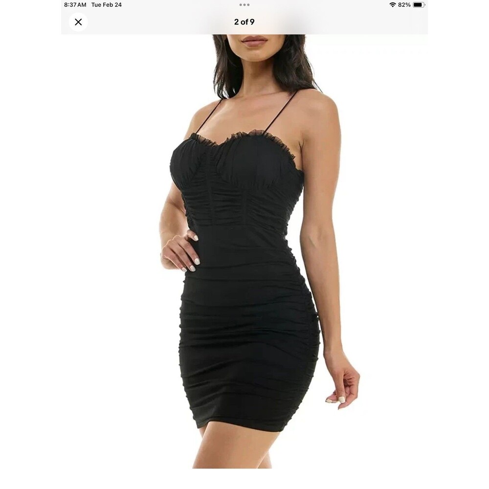 City Studios Little Black Dress Ruched Mesh Corset Mini Spaghetti Strap 7/8 NWT